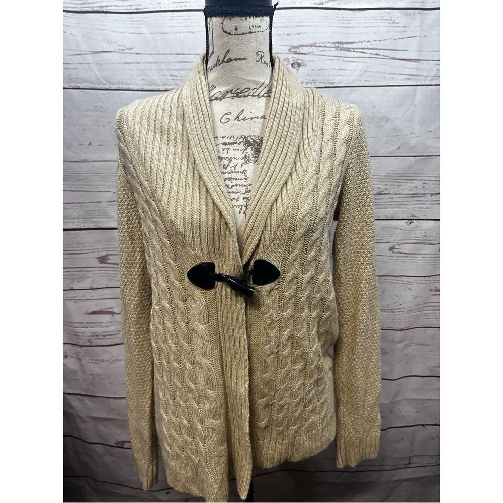 Debbie Morgan Beige‎ Shawl Collar Toggle Cable Knit Cardigan Sweater Medium